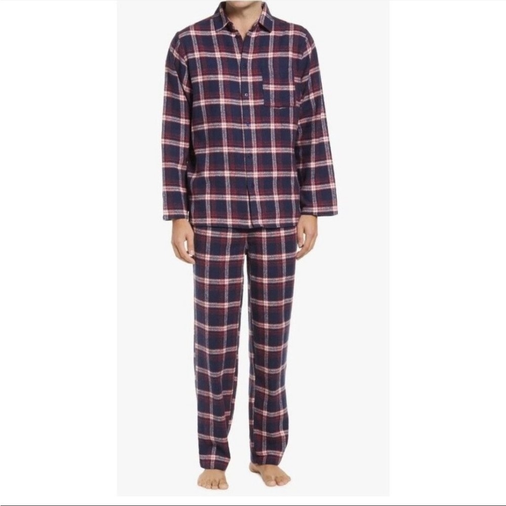 Nordstrom, P.J. flannel set navy pea coat, mixed tartan - brand new - size S & L